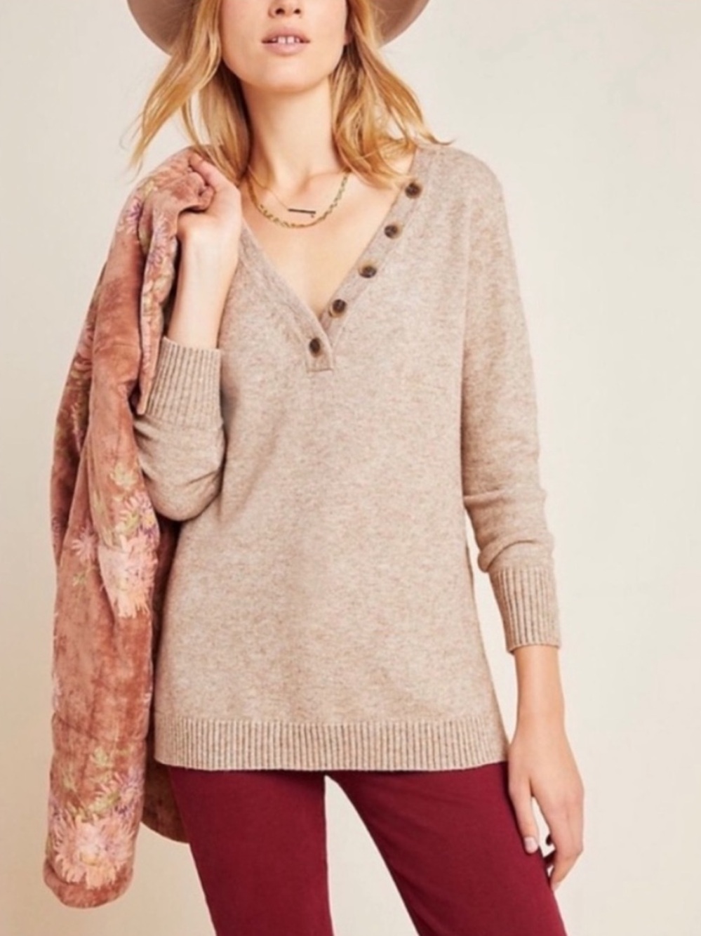 Anthropologie Serene Pullover V neck Henley Sweater